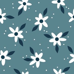 Beautiful vintage floral pattern. white flowers and dots . dark blue leaves. blue background. Floral seamless background. An elegant template for fashionable prints.
