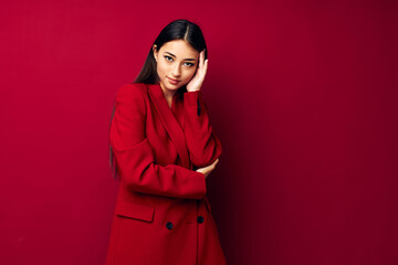 portrait pretty woman fashion posing in red jacket isolated background unaltered