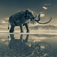 mammoth in the desert after rain with reflection on water side view