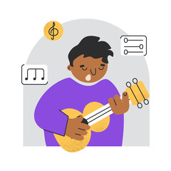 Young musician performing music on guitar. String instrument player. Colored flat vector illustration isolated on white background.