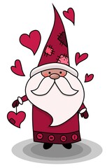 card of cute gnome on background, flat design