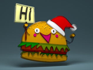 A cheerful hamburger on a gray blue isolated background in a New Year's red hat. He holds a sign in his hands. Sandwich, fast food. 3D Render