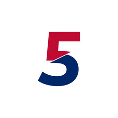 Number 5 Blue and Red Logo. Geometric Shapes Cut Style isolated on White Background