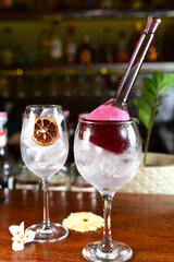 red fruit drinks, exotic ice cups and citrus fruits