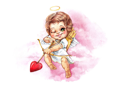 Аngel of love flies in the clouds and aims  bow with  arrow cupid tip heart.Watercolor illustration in pink tones.Valentine's Day card.