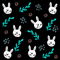 Seamless pattern with cute hand drawn bunny head in doodle style,easter illustration with rabbit,holiday decoration,print for wrapping paper,textile and fabric,kids fashion,nursery design,baby shower.