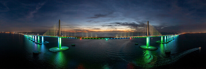 Drone panorama of Sunshine Skyway Bridge over Tampa Bay