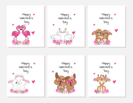 Set of valentines trend design enamored animals flamingos swans hares dogs giraffes greeting card with greeting text and trendy hearts on white background editable text vector illustration