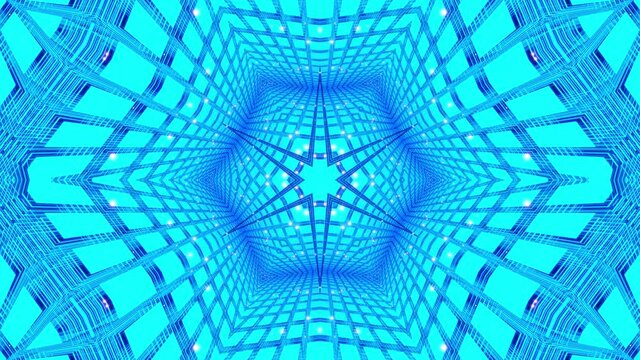 vj abstract kaleidoscope background with simple shapes periodic pattern. Hologram complex pattern as kaleidoscope. Neon light or glow blue color gradient. Lines and simple form. Star simmetry.