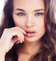 young sweet brunette woman close up isolated on white background, perfect pure innocense beautiful