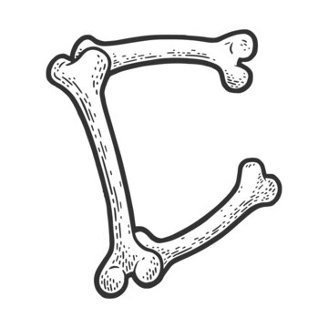 letter C made of bones sketch engraving raster illustration. Bones font. T-shirt apparel print design. Scratch board imitation. Black and white hand drawn image.