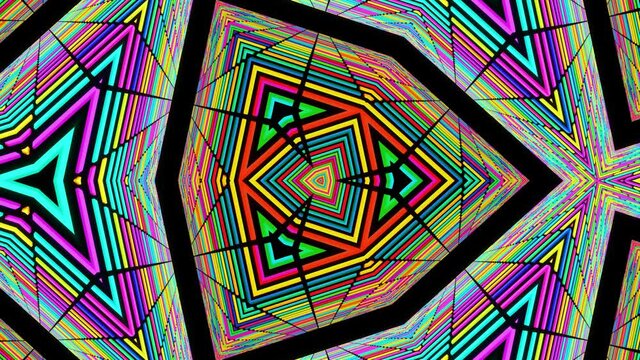 Looped abstract symmetrical background, 3d elements light up like bulbs with multicolor neon light. Bg for show or events, exhibitions, festivals or concerts, music videos, VJ loop for night clubs.