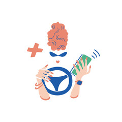 Woman Driving car and talking phone.Teaching driver.Vector hand drawn flat style.Poster for web, poster print.Funny minimalist style.isolated sticker.School drive safely