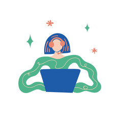 Driving on-line school. Young woman learning. Teaching driver.Vector hand drawn flat style.laptop conference. Poster print. Funny minimalist style.