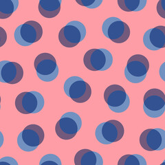 Doubled polka dot seamless repeat pattern background. Random placed, vector round geometrical shapes all over surface print in blue and pink.