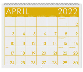 2022: Calendar: Month Of April