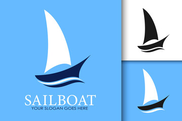 Sailboat logotype. Set of three variants in blue, black and white colors. Minimalist trendy contemporary design. Best for web, print, logo creating and branding design.
