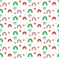 Boho vector pattern with rainbows sun moon clouds rain snow and abstract elements
