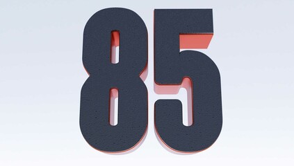 black number 85 isolated on white background. 3D render. 3D Lettering eighty five number.
