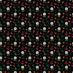 Dark boho vector pattern with dream catcher plant boho elements