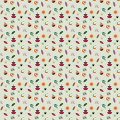 Boho vector pattern with plants sun moon leaves crowns and abstract elements