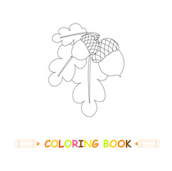 Children coloring page vector illustration, cute oak acorn in monochrome version for kids coloring book