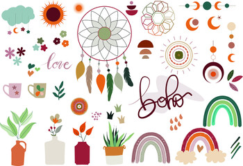 35 Boho vector elements: Plants, dream catcher, flowers, branches, circles, rainbows, moon, sun, cloud, abstract elements