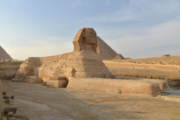 The pyramid at Giza in the desert and sphinx.