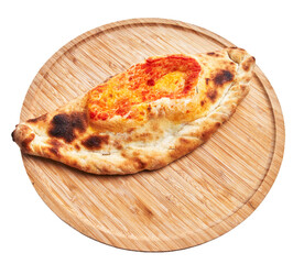  Single calzone italian pizza on wooden plate isolated over white background