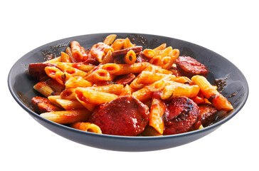  Plate with italian macaroni with pepperoni and tomato sauce isolated over white background