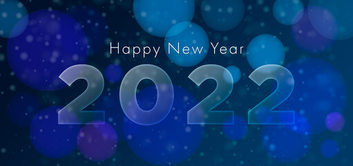 Banner Happy New Year 2022 sobre fondo azul con luces y nieve 