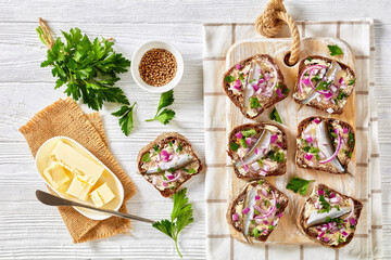 pickled sprat rye bread open sandwiches, top view