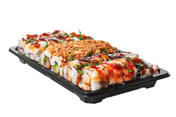  Delivery tray of uramaki sushi isolated on white background
