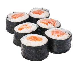  Group of salmon sushi maki isolated on white background