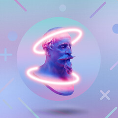 Modern conceptual art poster with blue pink colorful ancient statue with cyberpunk aesthetics. Contemporary art collage. Concept of retro wave style posters. Glitch effects. 3d illustration - obrazy, fototapety, plakaty
