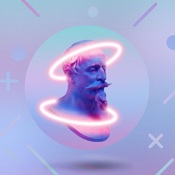 Modern Conceptual Art Poster With Blue Pink Colorful Ancient Statue With Cyberpunk Aesthetics. Contemporary Art Collage. Concept Of Retro Wave Style Posters. Glitch Effects. 3d Illustration