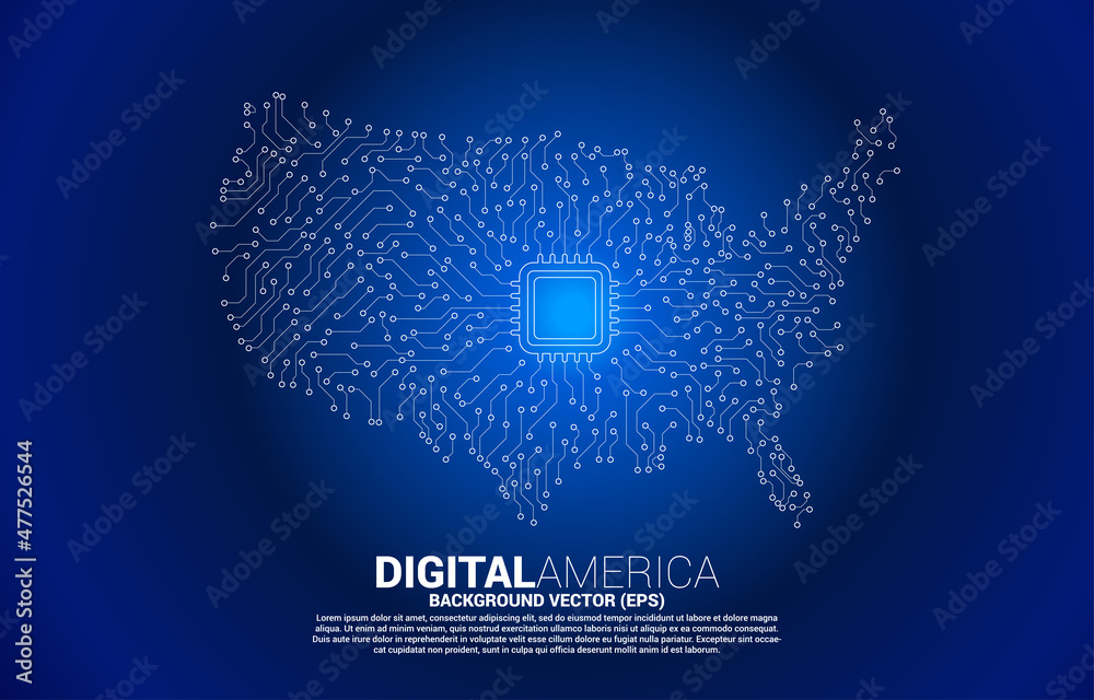 Poster vector united states map from circuit board dot connect with chip. concept for america digital netwo
