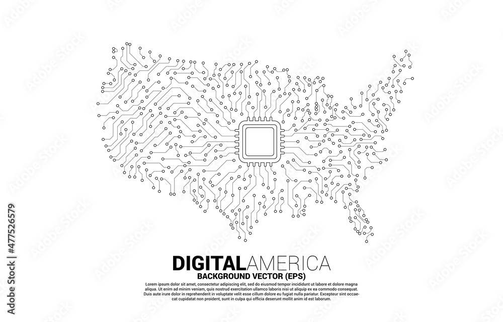 Poster vector united states map from circuit board dot connect with chip. concept for america digital netwo