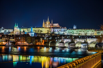 Prague, Czech republic - December 29, 2021. Winter night photo of Prague Castle