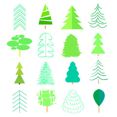 Green trees and christmas trees on white. Set for icons on isolated background. Geometric art. Universal collection for trendy design