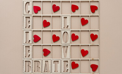 background with the words "celebrate love" and grungy red hearts in a grid