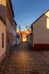 Picturesque streets and decorative houses in Telc. The picturesque castle and the historic center with the decorative facades of the houses belong to the UNESCO World Heritage Site, Czech Republic.
