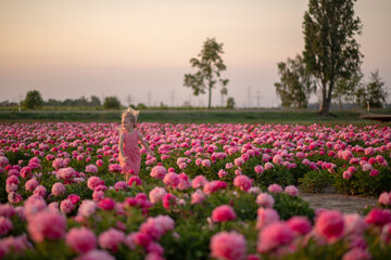 cute little girl running on a peony field against a sunset background