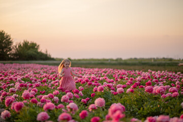 cute little girl running on a peony field against a sunset background © InfiniteStudio