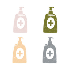 Set of vector images of colored bottles with sanitizer. Coronavirus, covid-19, pandemic, infection, vaccination, epidemic, prevention. Vintage, flat, minimalism, illustration.
