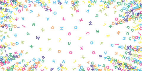 Falling letters of English language. Colorful sketch flying words of Latin alphabet. Foreign languages study concept. Likable back to school banner on white background.