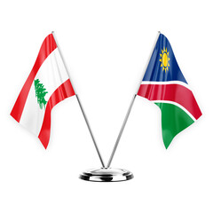 Two table flags isolated on white background 3d illustration, lebanon and namibia