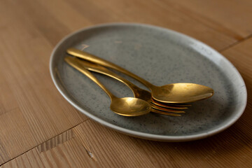 cutlery of gold color in a plate. kitchen. tableware