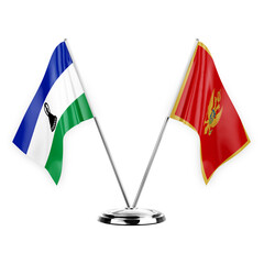 Two table flags isolated on white background 3d illustration, lesotho and montenegro