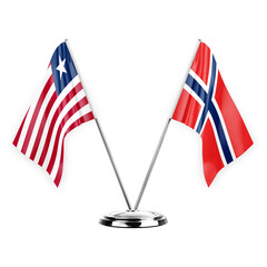 Two table flags isolated on white background 3d illustration, liberia and norway